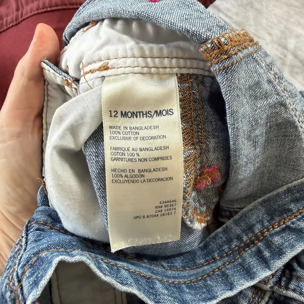 OshKosh B'gosh Baby Denim Overalls Embroidered Pink Birds Size 12m